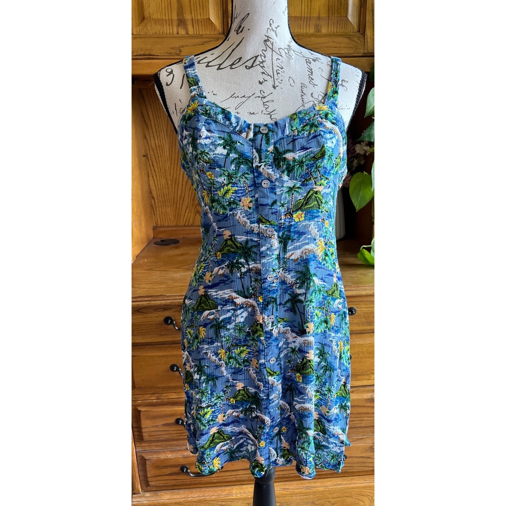 Wild Fable Blue Tropical Palm Tree Print Button Front Mini Sundress Womens M